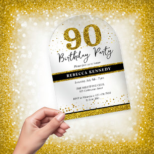 Invitaciones Acrílicas Fiesta de cumpleaños 90 años con brillo negro y do