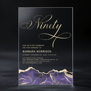 Invitaciones Acrílicas Fiesta de cumpleaños 90 de Ágata Dorada Púrpura