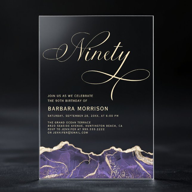 Invitaciones Acrílicas Fiesta de cumpleaños 90 de la Purple Gold Agate (Subido por el creador)