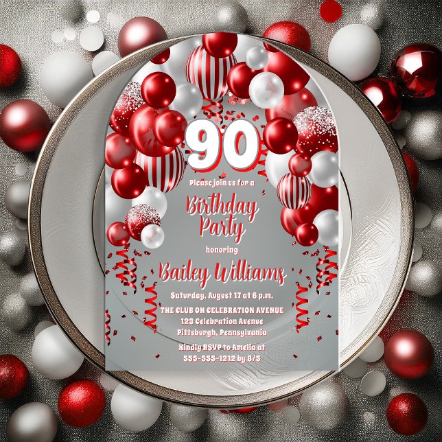Invitaciones Acrílicas Fiesta de cumpleaños 90 de los Globos de Celebraci (Red, Silver Tone and White  Celebration Balloons "90" 90th Birthday Party Acrylic Invitation)