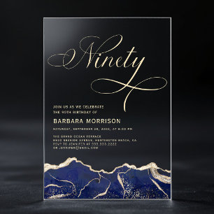 Invitaciones Acrílicas Fiesta de cumpleaños 90 Ninety Navy Blue Gold Agat