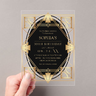 Invitaciones Acrílicas Fiesta de cumpleaños Art Deco de Gatsby