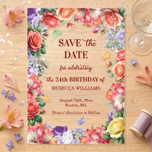 Invitaciones Acrílicas Fiesta de Cumpleaños Colorida Floral 24º Cumpleaño