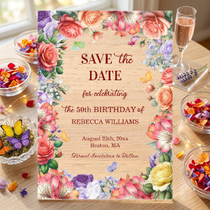 Invitaciones Acrílicas Fiesta de Cumpleaños Colorida Floral 50 Aniversari