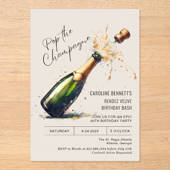 Invitaciones Acrílicas Fiesta de Cumpleaños con Champán (Anverso)