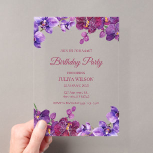 Invitaciones Acrílicas Fiesta de cumpleaños con flores de orquídea
