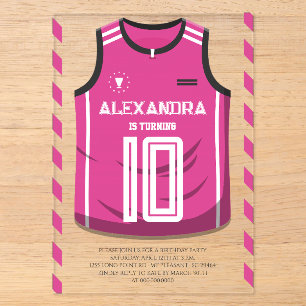 Invitaciones Acrílicas Fiesta de Cumpleaños con Jersey de Baloncesto Rosa