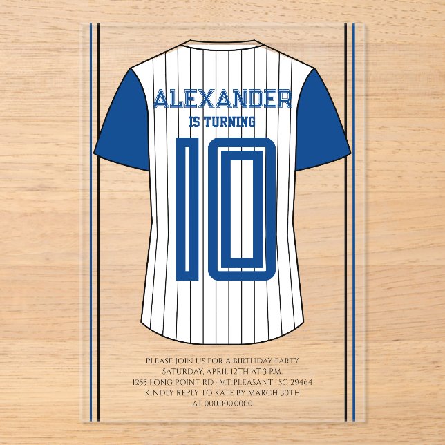 Invitaciones Acrílicas Fiesta de Cumpleaños con Jersey de Béisbol (Anverso)