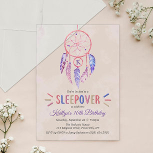 Invitaciones Acrílicas Fiesta de Cumpleaños con Pijamada de Cazadora de S