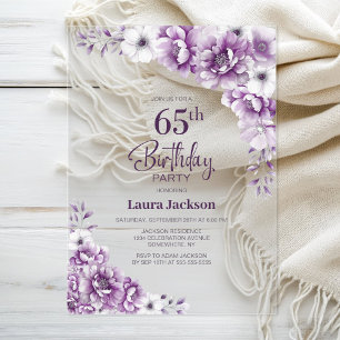 Invitaciones Acrílicas Fiesta de Cumpleaños de 65 Años con Flores Rosadas