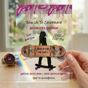 Invitaciones Acrílicas Fiesta de Cumpleaños de Adolescente con Patineta C