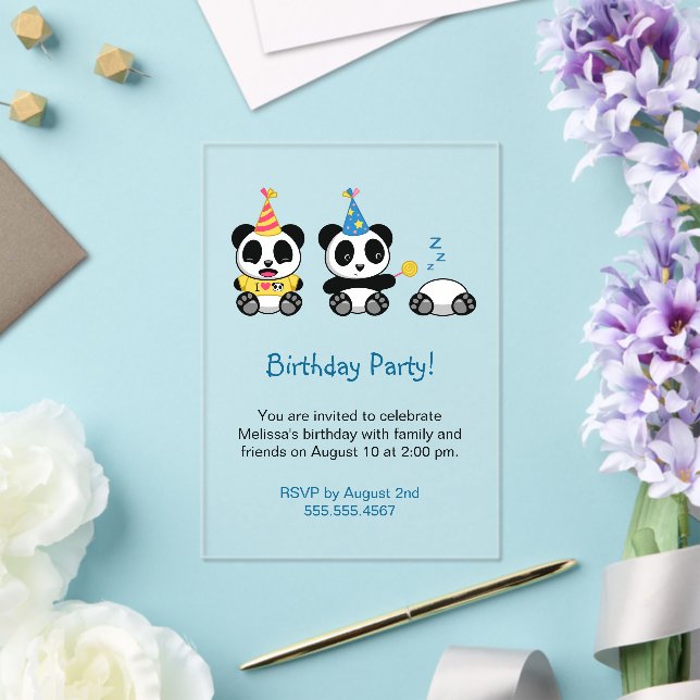 Invitaciones Acrílicas Fiesta de cumpleaños de Cute Pandas (Insitu (Boda))