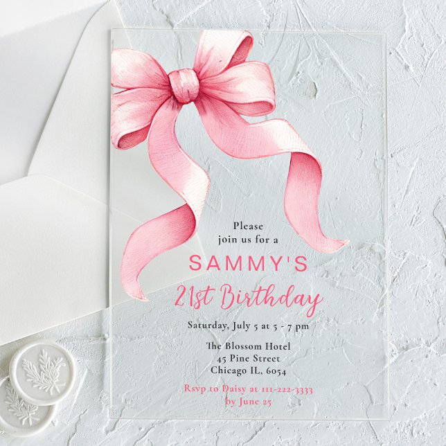 Invitaciones Acrílicas Fiesta de cumpleaños de Cute Pink Coquette Bow (Subido por el creador)