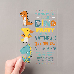 Invitaciones Acrílicas Fiesta de cumpleaños de dinosaurio dino moderno li
