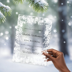 Invitaciones Acrílicas Fiesta de cumpleaños de invierno copos de nieve bl