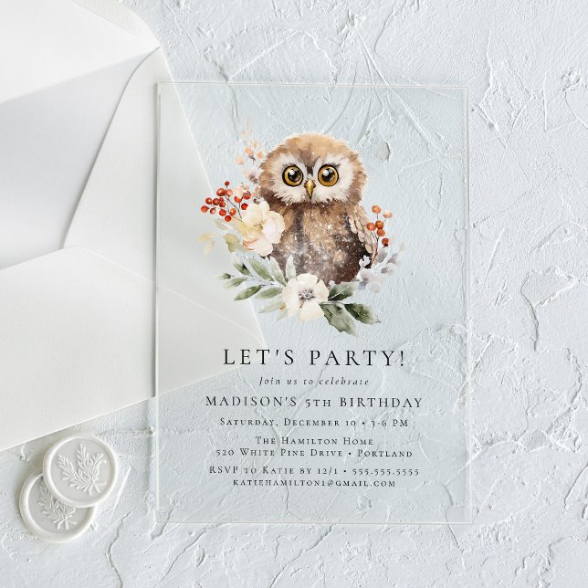 Invitaciones Acrílicas Fiesta de cumpleaños de invierno de la lechuza acu (Subido por el creador)