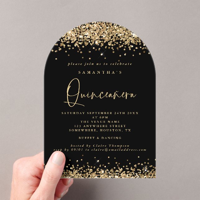 Invitaciones Acrílicas Fiesta de cumpleaños de la Quinceanera negra, Purp (Insitu (portátil))