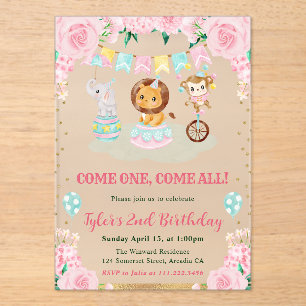 Invitaciones Acrílicas Fiesta de cumpleaños de los animales del circo ros