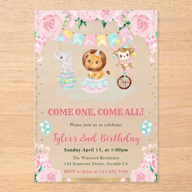 Invitaciones Acrílicas Fiesta de cumpleaños de los animales del circo ros (Anverso)