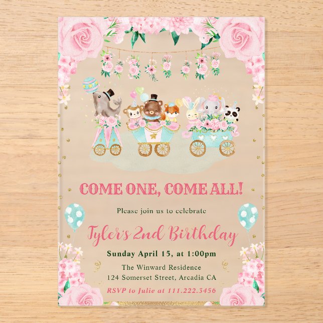 Invitaciones Acrílicas Fiesta de cumpleaños de los animales del circo ros (Anverso)