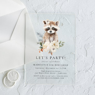 Invitaciones Acrílicas Fiesta de Cumpleaños de Mapache en Acuarela Invern