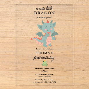 Invitaciones Acrílicas Fiesta de Cumpleaños de Niño Dragón Pequeño y Lind