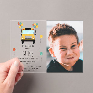 Invitaciones Acrílicas Fiesta de Cumpleaños de Niños en Autobús Escolar A
