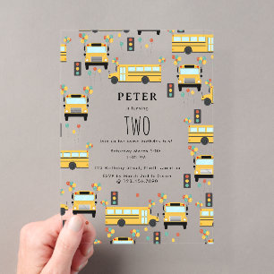 Invitaciones Acrílicas Fiesta de Cumpleaños de Niños en Autobús Escolar A