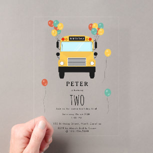 Invitaciones Acrílicas Fiesta de Cumpleaños de Niños en Autobús Escolar A