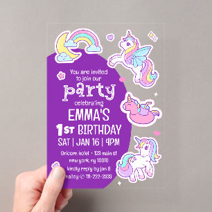 Invitaciones Acrílicas Fiesta de Cumpleaños de Niños Unicornios Arcoíris