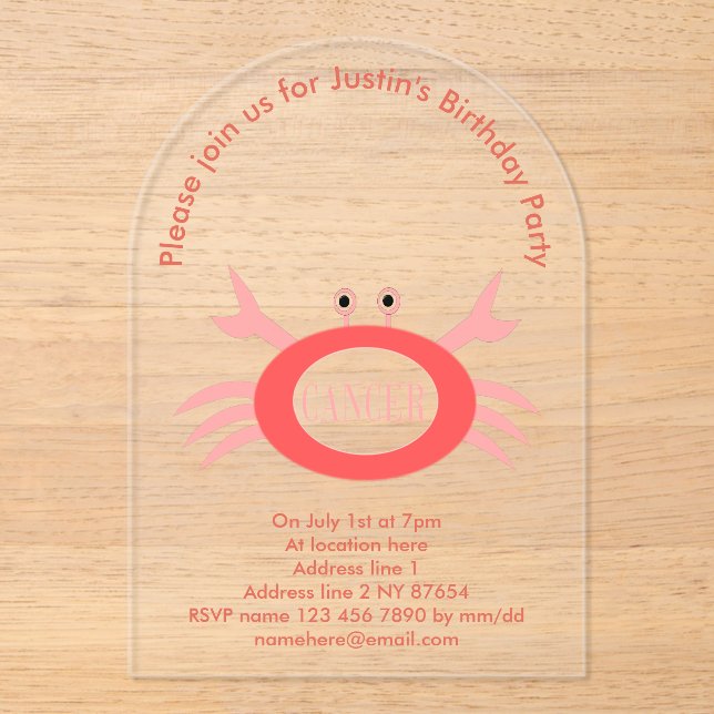 Invitaciones Acrílicas Fiesta de cumpleaños de Personalizado de cangrejo  (Anverso)
