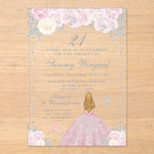 Invitaciones Acrílicas Fiesta de cumpleaños de princesa con cabello rubio