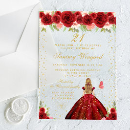 Invitaciones Acrílicas Fiesta de cumpleaños de Princesas Florales Rojas