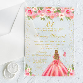 Invitaciones Acrílicas Fiesta de cumpleaños de Princesas Florales Rosa