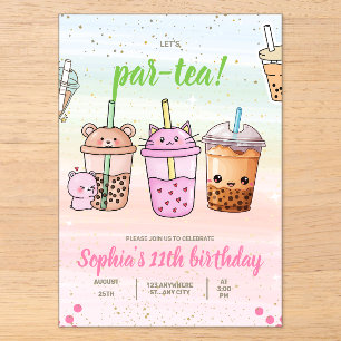 Invitaciones Acrílicas Fiesta de Cumpleaños de Té Boba para Niñas