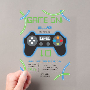 Invitaciones Acrílicas Fiesta de cumpleaños de videojuegos azul neón y ve