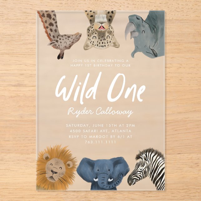 Invitaciones Acrílicas Fiesta de cumpleaños de Wild One Safari Animals (Anverso)