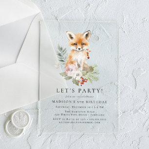 Invitaciones Acrílicas Fiesta de cumpleaños de zorro de acuarela adorable