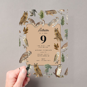 Invitaciones Acrílicas Fiesta de cumpleaños del búho acuarela vintage bos