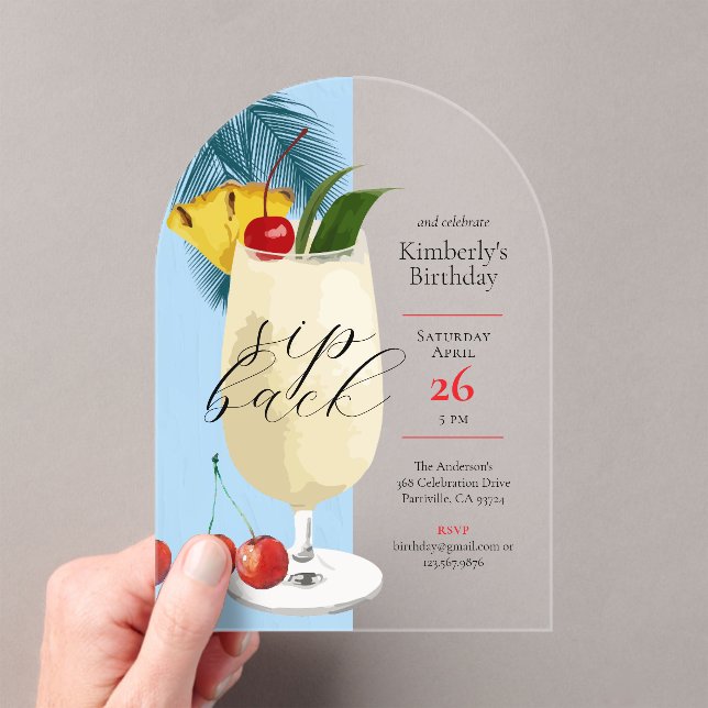 Invitaciones Acrílicas Fiesta de cumpleaños del cóctel tropical azul vera (Insitu (portátil))