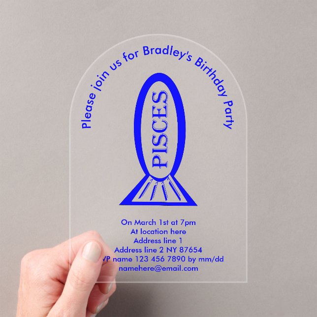 Invitaciones Acrílicas Fiesta de cumpleaños del Personalizado de Piscis S (Insitu (portátil))