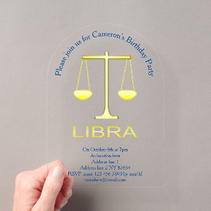 Invitaciones Acrílicas Fiesta de cumpleaños del signo zodiacal Libra con