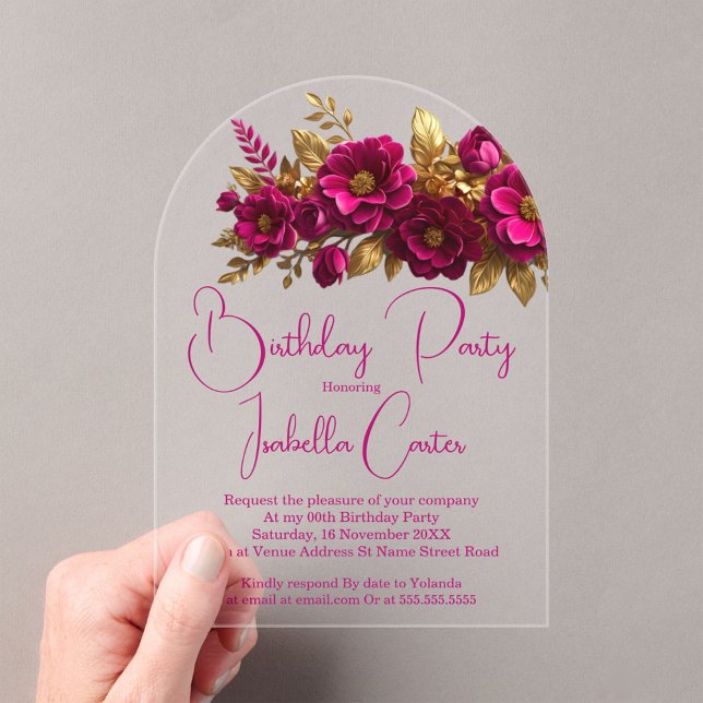Invitaciones Acrílicas Fiesta de Cumpleaños Elegante Flores Rosadas Dorad (Subido por el creador)