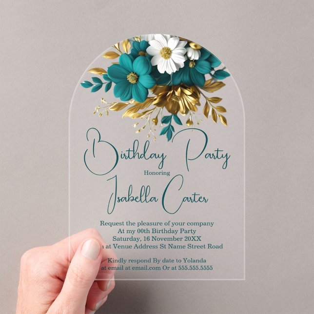 Invitaciones Acrílicas Fiesta de cumpleaños elegante flores teal blanco d (Subido por el creador)