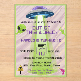 Invitaciones Acrílicas Fiesta de cumpleaños espacial Alien fuera de este