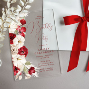 Invitaciones Acrílicas Fiesta de cumpleaños floral roja y blanca