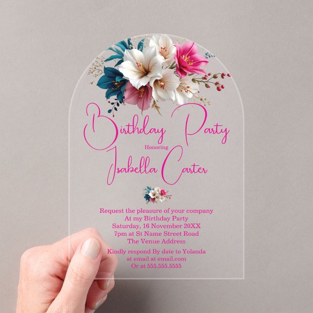 Invitaciones Acrílicas Fiesta de Cumpleaños Flores Blancas Azules Rosas (Subido por el creador)