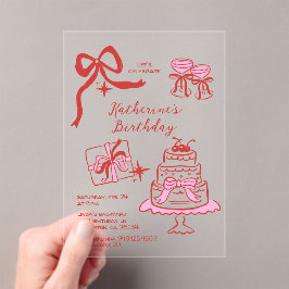Invitaciones Acrílicas Fiesta de Cumpleaños Garabato Rojo Rosa Dibujado a