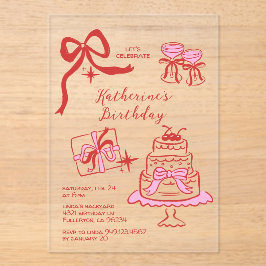 Invitaciones Acrílicas Fiesta de Cumpleaños Garabato Rojo Rosa Dibujado a