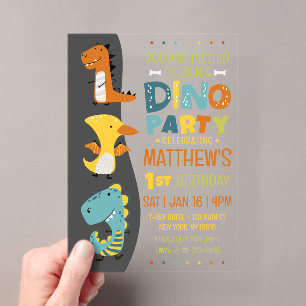 Invitaciones Acrílicas Fiesta de cumpleaños infantil de Dino Dinosaurio m